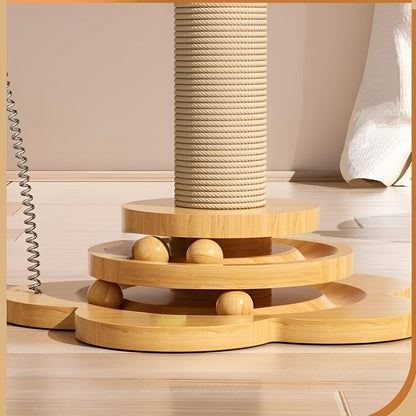 Kratzbaum aus Holz mit Spielzeugkugeln, Sisalstamm, modernes Design, Katzenzubehör.