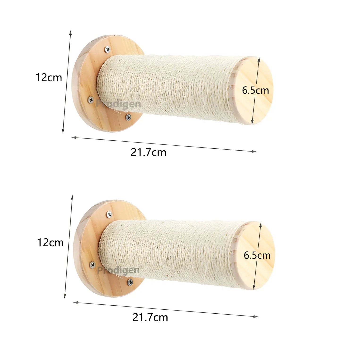 Zwei Wand-Kratzbretter für Katzen, Holz und Sisal, 21,7 cm, 12 cm Durchmesser, beige.