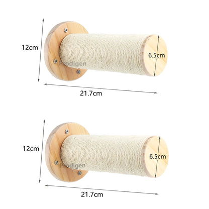 Zwei Wand-Kratzbretter für Katzen, Holz und Sisal, 21,7 cm, 12 cm Durchmesser, beige.