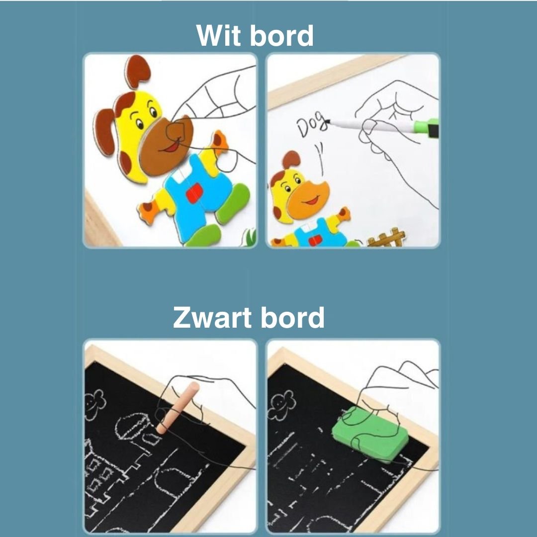 Montessori Kreativtafel, doppelseitig, Holzrahmen, weißes und schwarzes Brett, Kinderzeichnung.