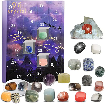 Adventskalender mit 24 Kristallen, Edelsteine, Mineralien, Geschenkset, lila Hintergrund.