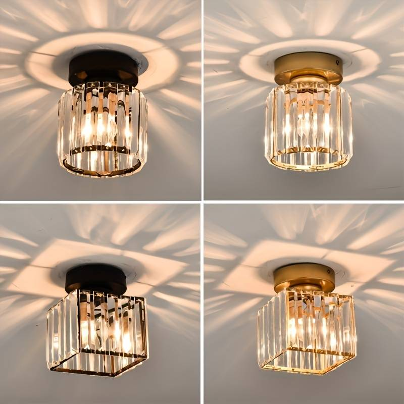 Vier moderne Deckenleuchten, Kristallglas, goldene und schwarze Fassungen, elegantes Design.