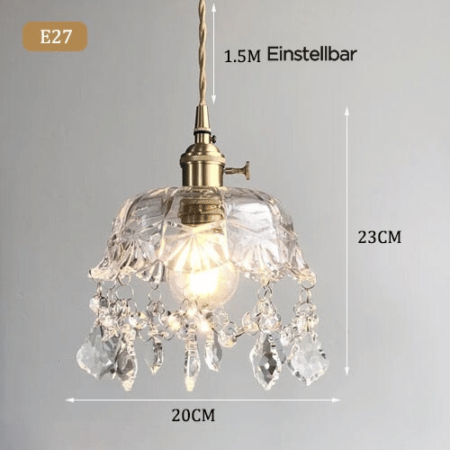 Einstellbare Kristall-Pendelleuchte E27, 1,5m Kabel, Glas, Vintage-Stil, 20x23cm.
