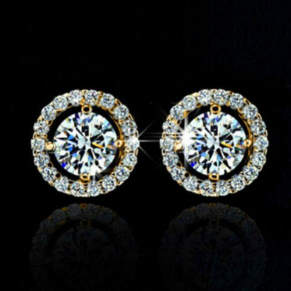 Goldene Kristall-Zirkon-Ohrringe, funkelnd, rund, für Damen, Hochzeit, allergiefrei.