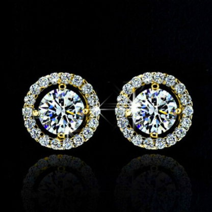 Goldene Ohrringe mit Kristall-Zirkonia, rund, funkelnd, für Damen, Hochzeit, allergiefrei.