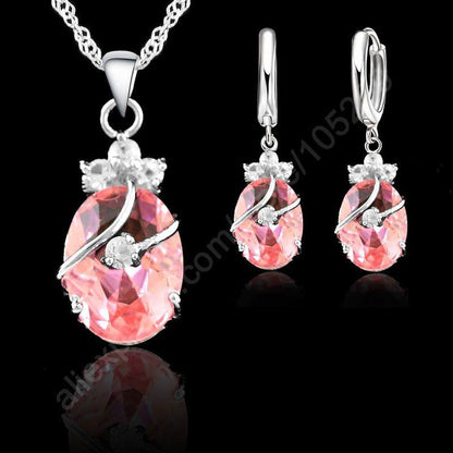925 Sterling Silber Schmuckset mit rosa Kristallen, Halskette und Ohrringe, elegant, Damen.