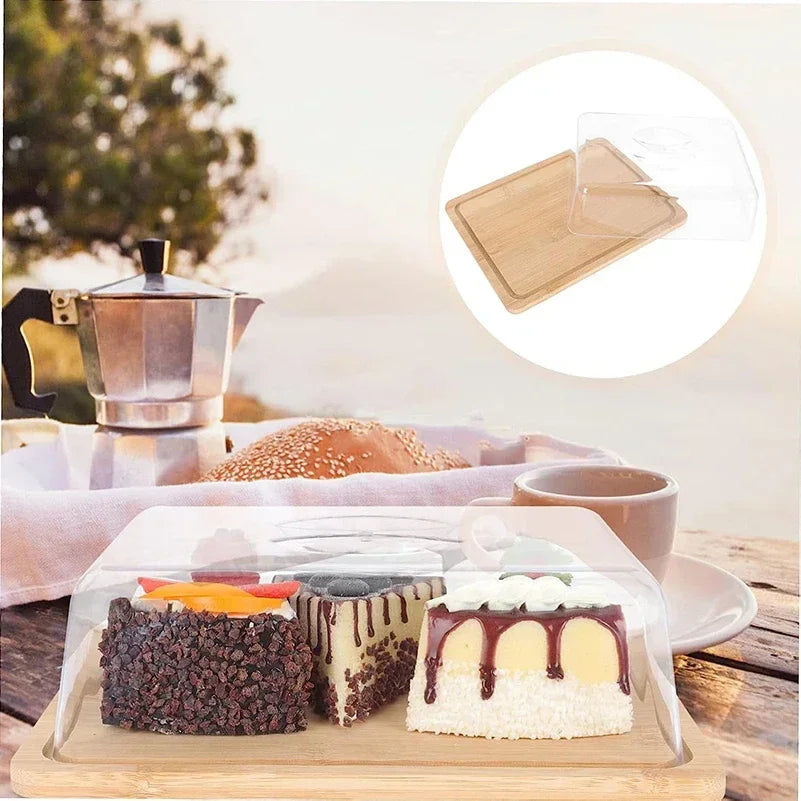 Kuchenplatte mit Haube, Holz, transparent, ideal für Kuchenpräsentation, Picknick, Outdoor.