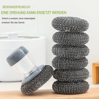 Graue Küchenseifenpresse mit Palmbürste, stapelbare Metallschwämme, Reinigungszubehör.