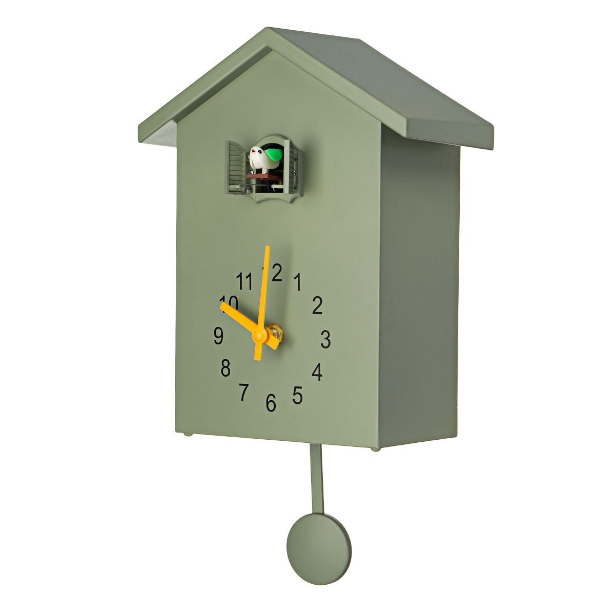 Grüne Kuckucksuhr aus Holz mit gelben Zeigern und Pendel, modernes Design, Wanddekoration.