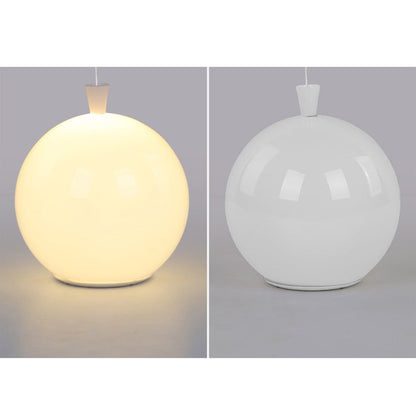 Moderne runde Hängelampe, weiß, Glas, beleuchtet und unbeleuchtet, minimalistisches Design.