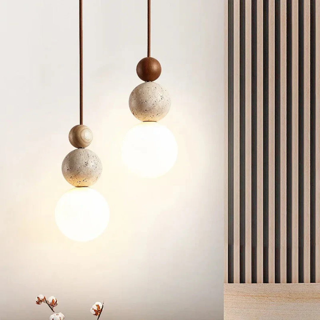 Moderne Hängelampe aus Holz und Beton, skandinavisches Design, warmweißes Licht, minimalistisch.