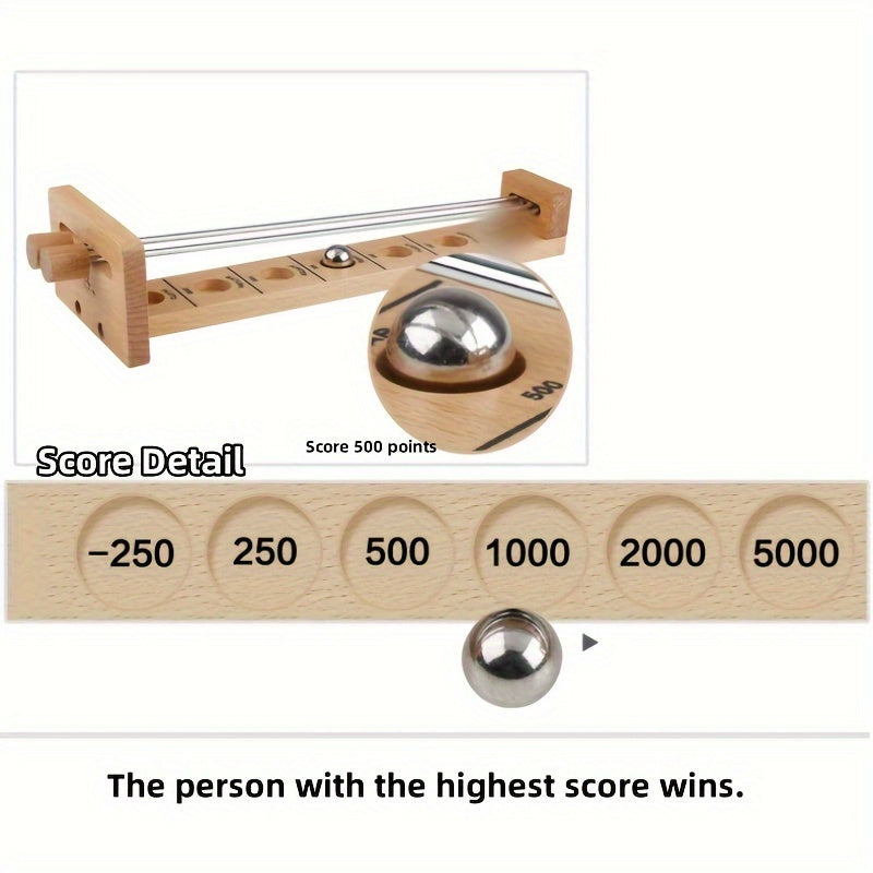 Holz-Kugelspiel mit Punkteskala, Metallkugel, Geschicklichkeitsspiel, 500 Punkte, Score Detail.