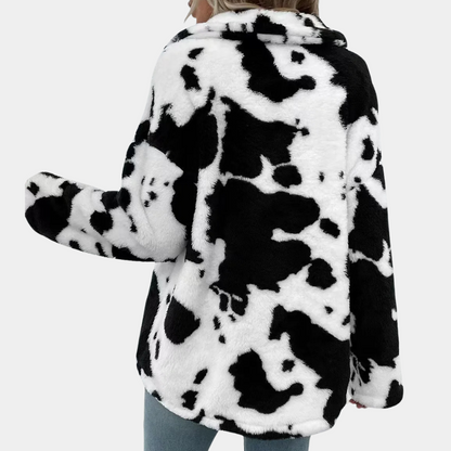 Damenjacke aus Kunstpelz, schwarz-weißes Kuhmuster, modisch, warm, Winterbekleidung.