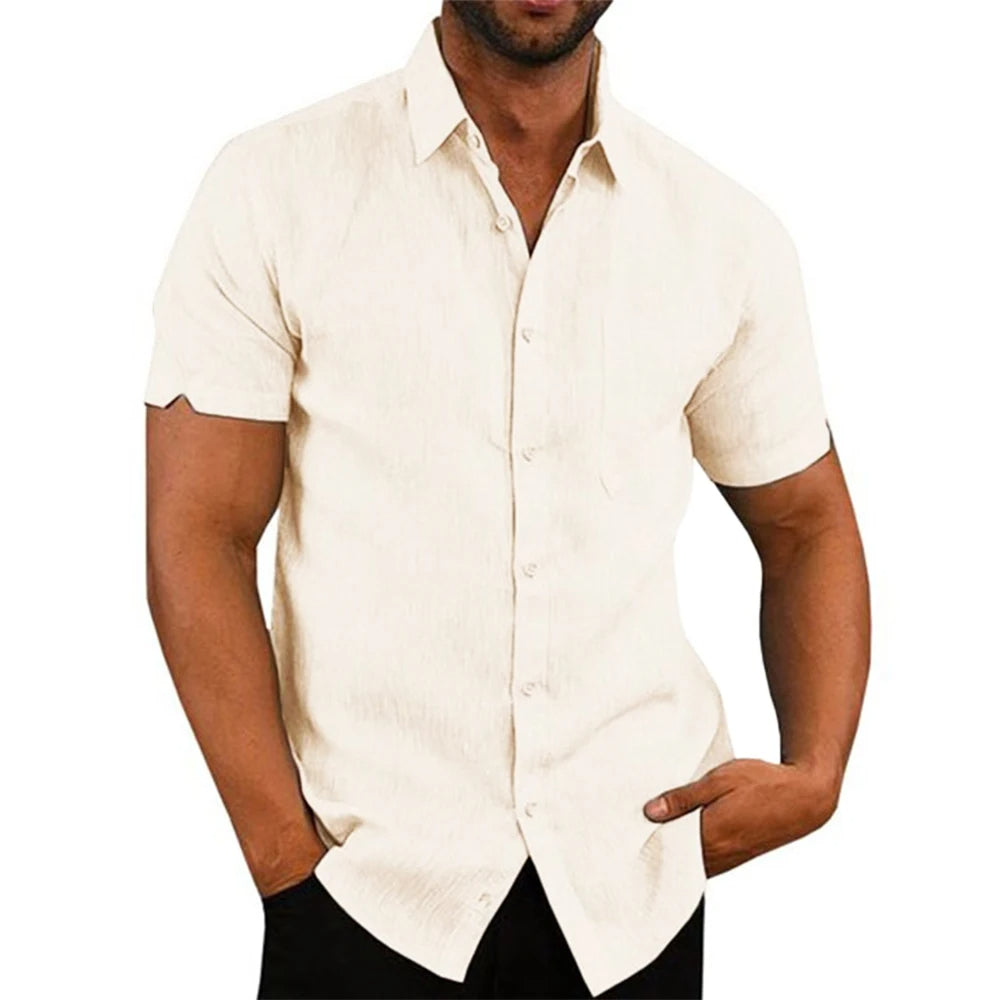 Herren Kurzarmhemd beige, Baumwolle, klassisch, Sommermode, Freizeitkleidung, elegant.