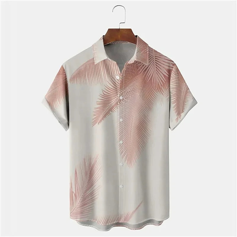 Herrenhemd mit Palmenmuster, kurzärmelig, beige-rosa, Sommermode, Baumwolle.