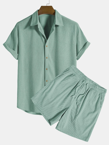 Grünes Herren-Shorts-Set aus Baumwolle, kurzärmelig, Sommermode, bequem, lässig.