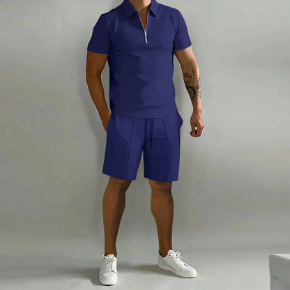 Herren-Trainingsanzug, blau, Kurzarm-Poloshirt, Sport-Shorts, Sommermode, Freizeitkleidung.