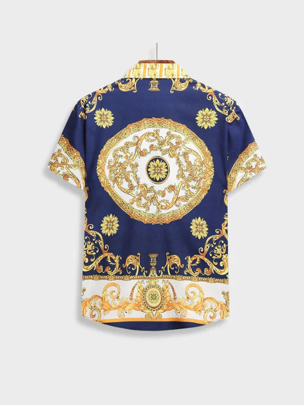 Kurzarmhemd Herren, blau-goldenes Barockmuster, Baumwolle, modisch, elegant, Sommermode.
