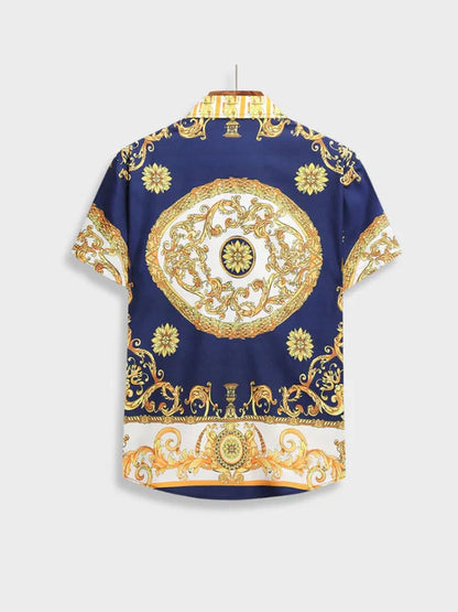 Kurzarmhemd Herren, blau-goldenes Barockmuster, Baumwolle, modisch, elegant, Sommermode.