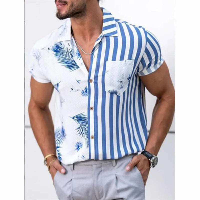 Mann in kurzärmligem, gestreiftem und geblümtem Hemd, blau-weiß, Sommermode.