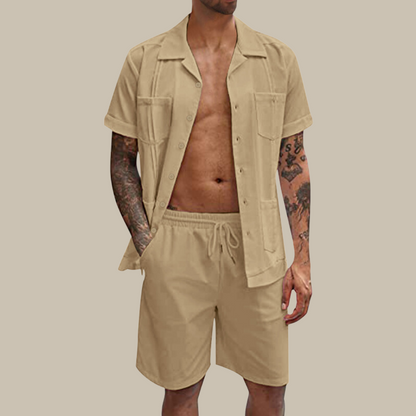 Herren-Shorts-Set beige, kurzärmelig, Sommermode, Freizeitanzug, Baumwolle, lässig.