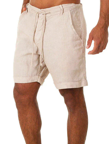 Beige Herren-Shorts aus Leinen, lässig, Sommermode, mit Kordelzug, ideal für Strand.