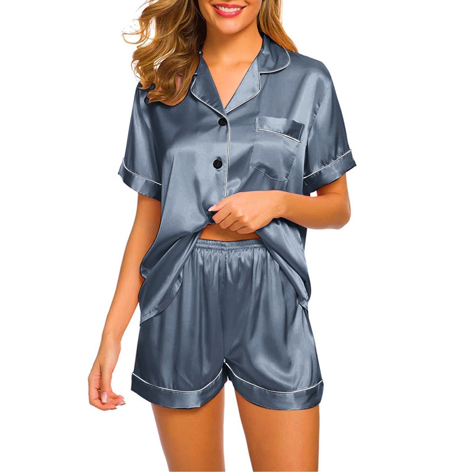 Damen Pyjama-Set aus Seide, kurzärmelig, grau, Knopfleiste, bequem, Nachtwäsche.
