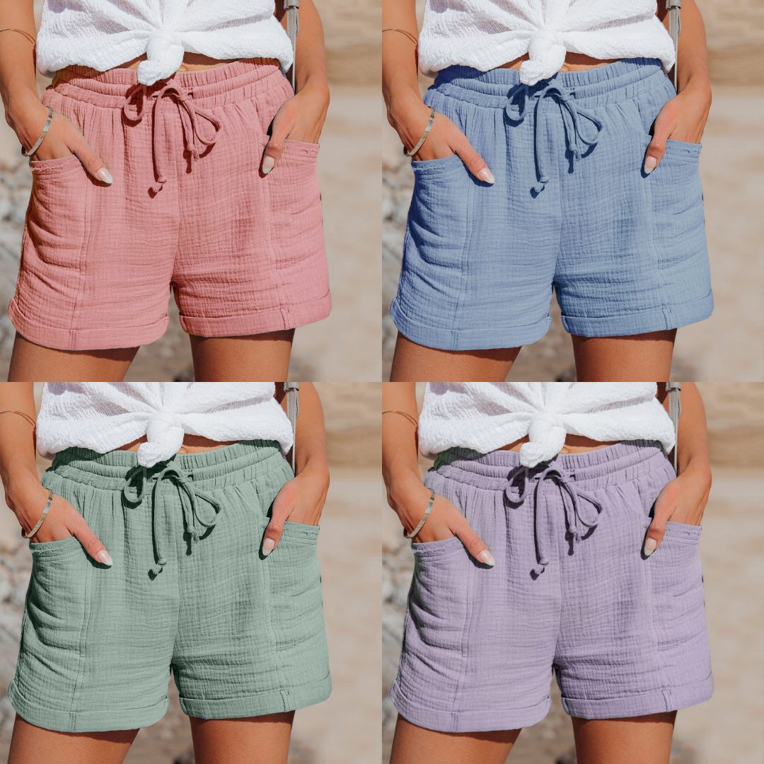 Damen-Shorts aus Baumwolle in Rosa, Blau, Grün, Lila; Sommermode, bequem, lässig.