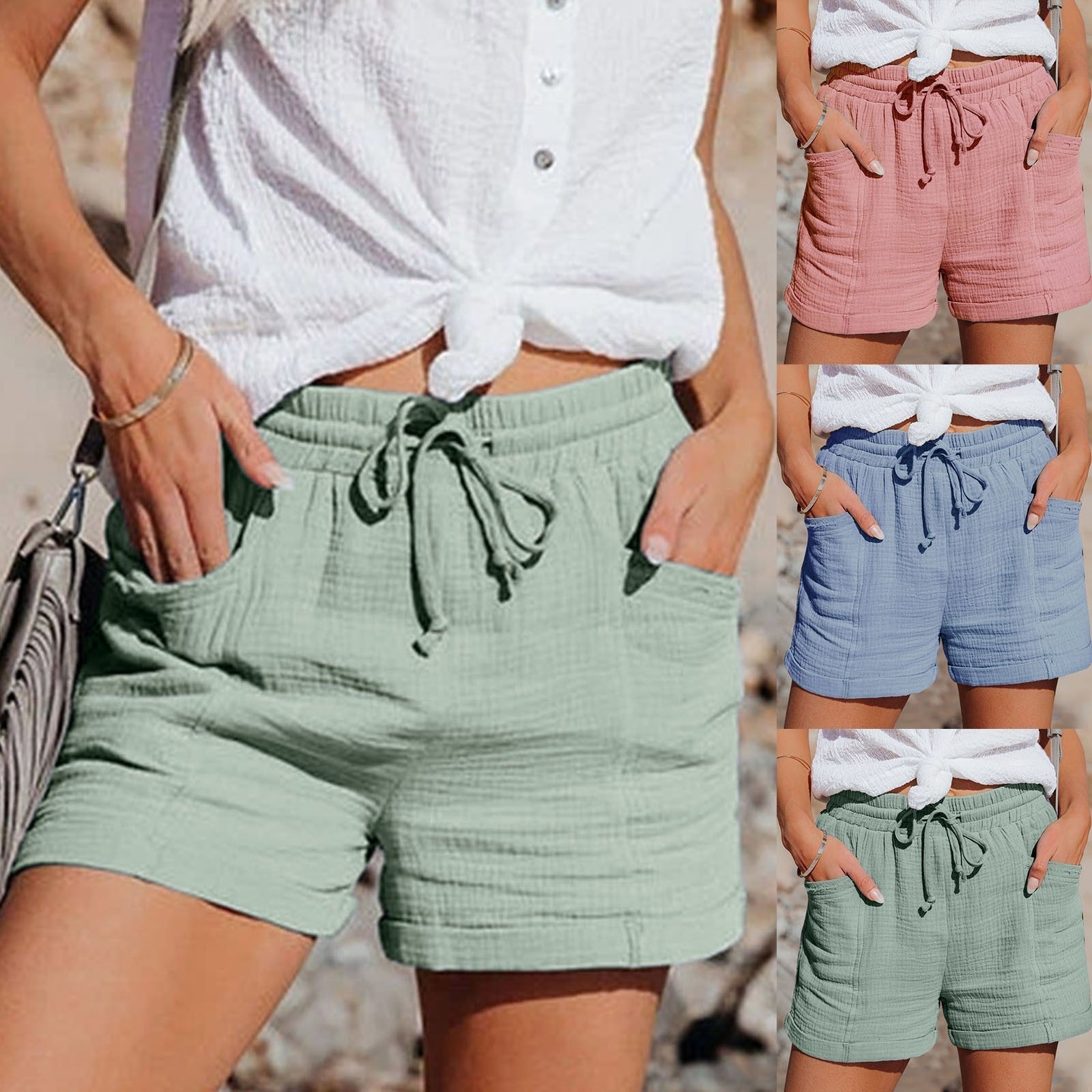 Frau in grünen Baumwollshorts mit Taschen, daneben rosa und blaue Varianten, Sommermode.
