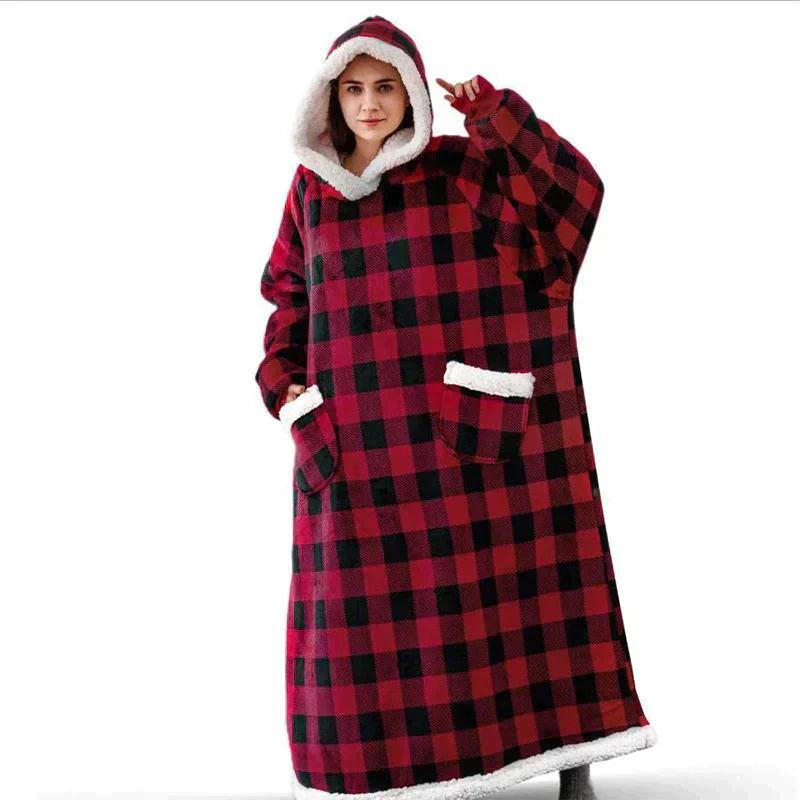 Flauschiger roter Karo-Hoodie-Decke, Unisex, warm, gemütlich, ideal für kalte Tage.