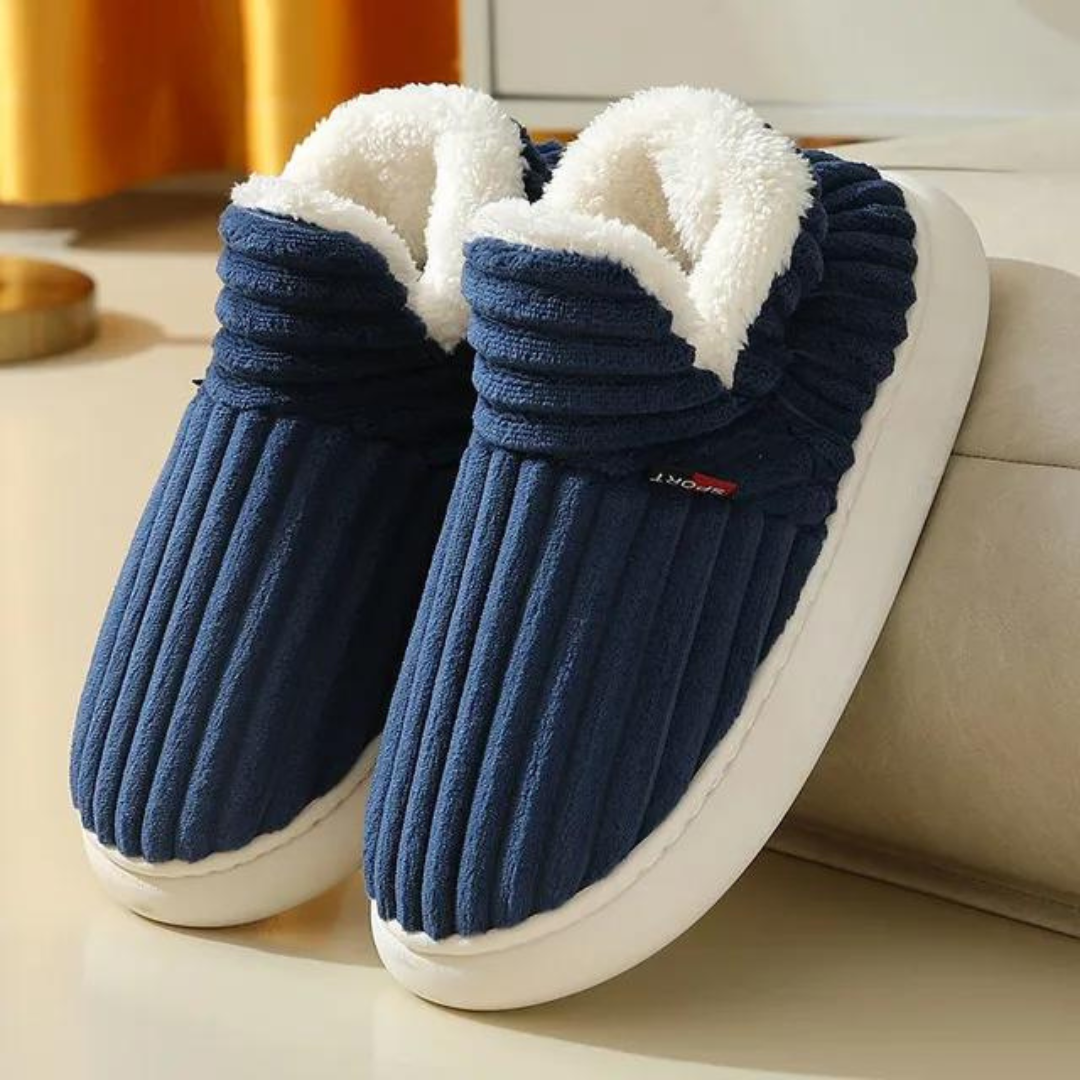 Blaue, gefütterte Hausschuhe aus Stoff, rutschfest, warm, bequem, für Damen und Herren.