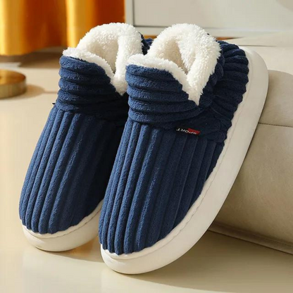 Blaue, gefütterte Hausschuhe aus Stoff, rutschfest, warm, bequem, für Damen und Herren.