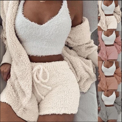 Flauschiger Damen-Loungewear-Set, cremefarben, Strick, gemütlich, modisch, verschiedene Farben.