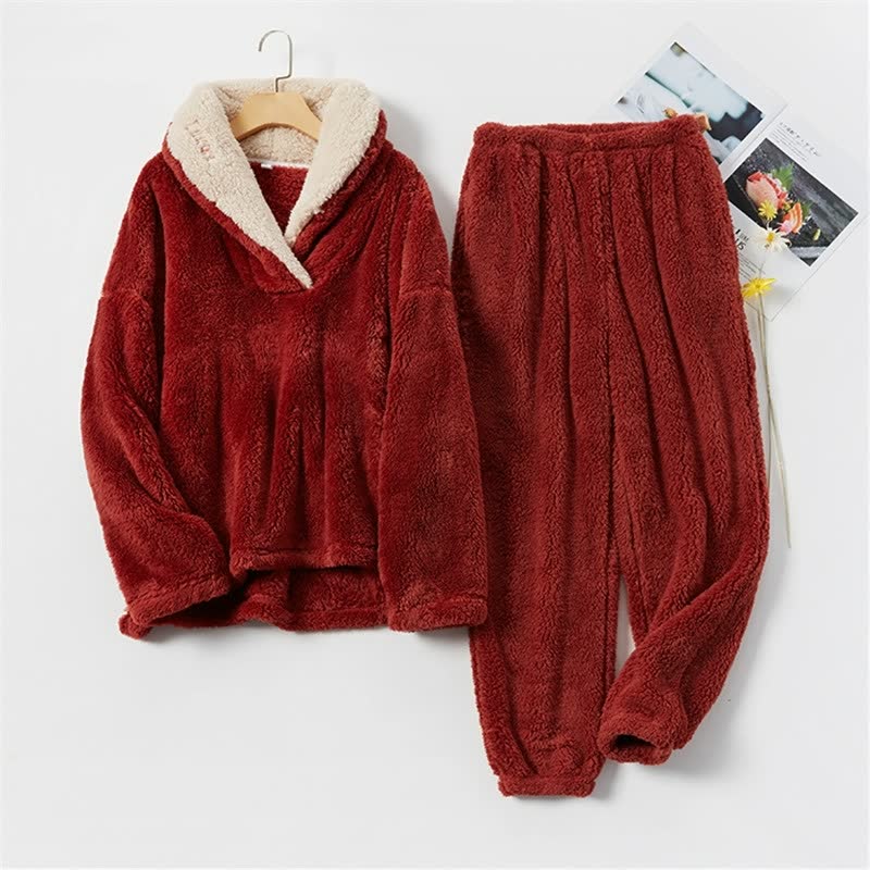 Roter Fleece-Pyjama-Set für Damen, kuschelig, warm, Winterkleidung, gemütlich, modisch.
