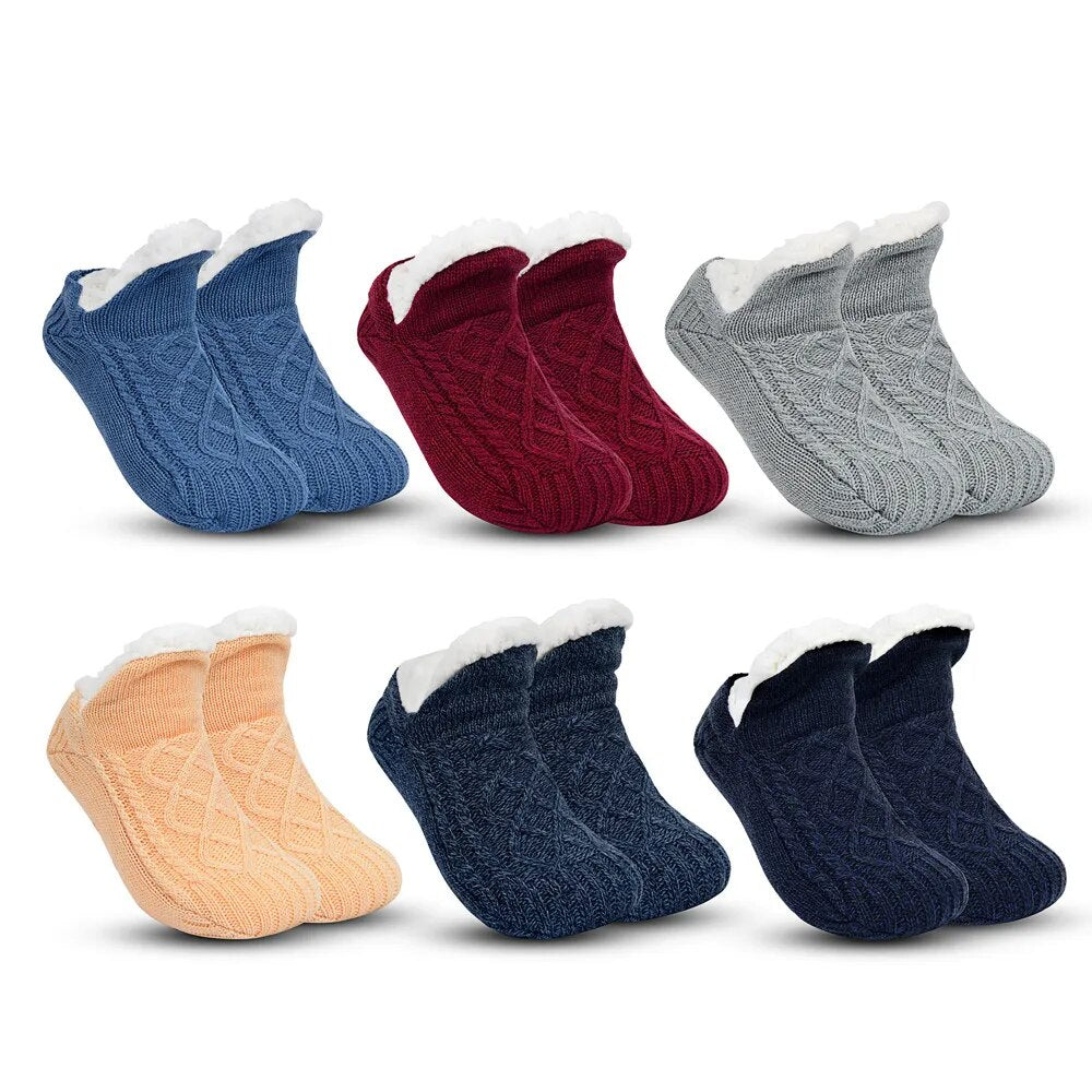 Sechs Paar warme, gestrickte Socken in Blau, Rot, Grau, Beige, Dunkelblau mit Fleecefutter.