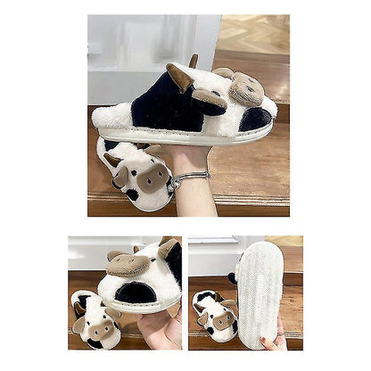 Kuh-Pantoffeln aus Plüsch, schwarz-weiß, rutschfeste Sohle, gemütliche Hausschuhe für Damen.