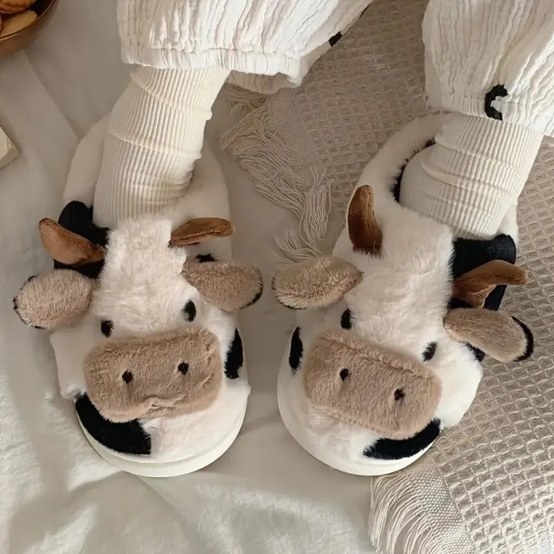 Kuh-Pantoffeln aus Plüsch, schwarz-weiß, gemütlich, warm, Damen-Hausschuhe, lustiges Design.