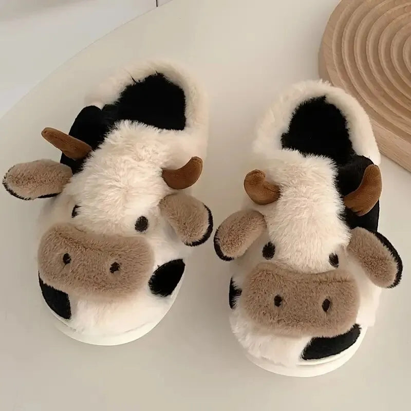 Kuh-Pantoffeln aus Plüsch, schwarz-weiß, mit Hörnern, gemütliche Hausschuhe für Kinder.