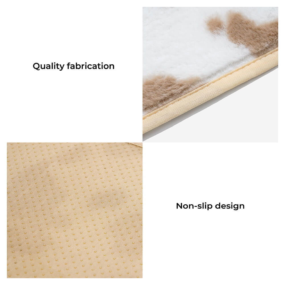 Kuhmuster Plüsch Haustiermatte, rutschfest, beige und weiß, hochwertige Verarbeitung.