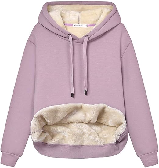 Lila Kapuzenpullover mit Plüschfutter, Damenmode, gemütlicher Winter-Hoodie, Baumwolle.