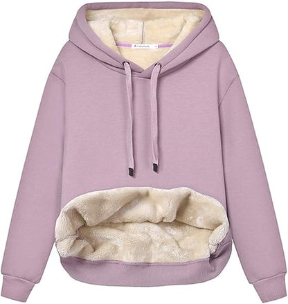 Lila Kapuzenpullover mit Plüschfutter, Damenmode, gemütlicher Winter-Hoodie, Baumwolle.