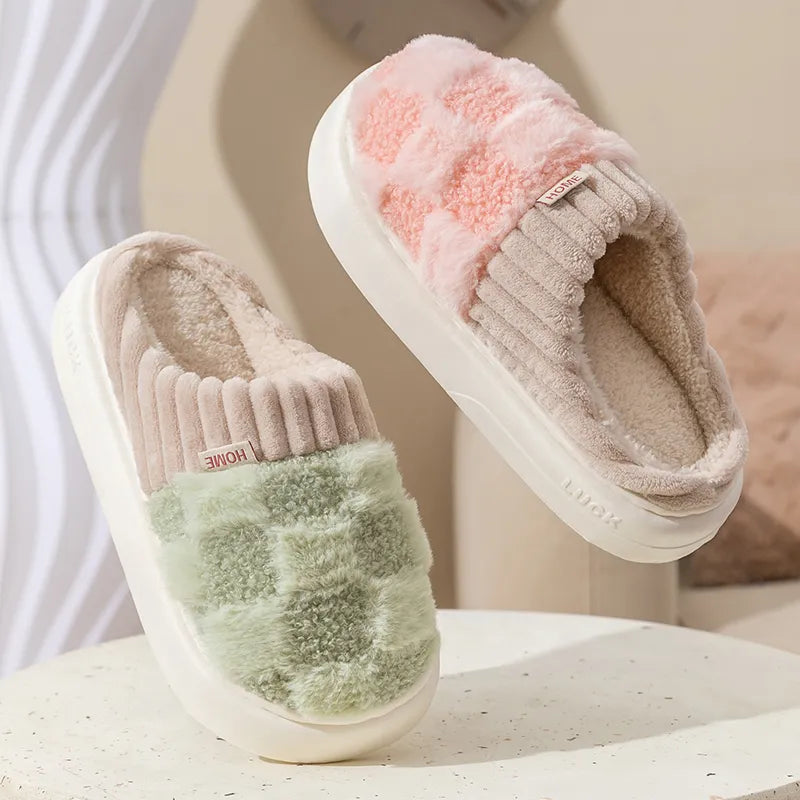 Warme Hausschuhe, kariert, rosa und grün, Baumwolle, weiche Sohle, Unisex, Wintermode.