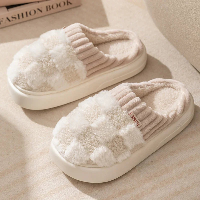 Beige karierte Baumwollhausschuhe, dicke weiche Sohle, unisex, Winter, Indoor.