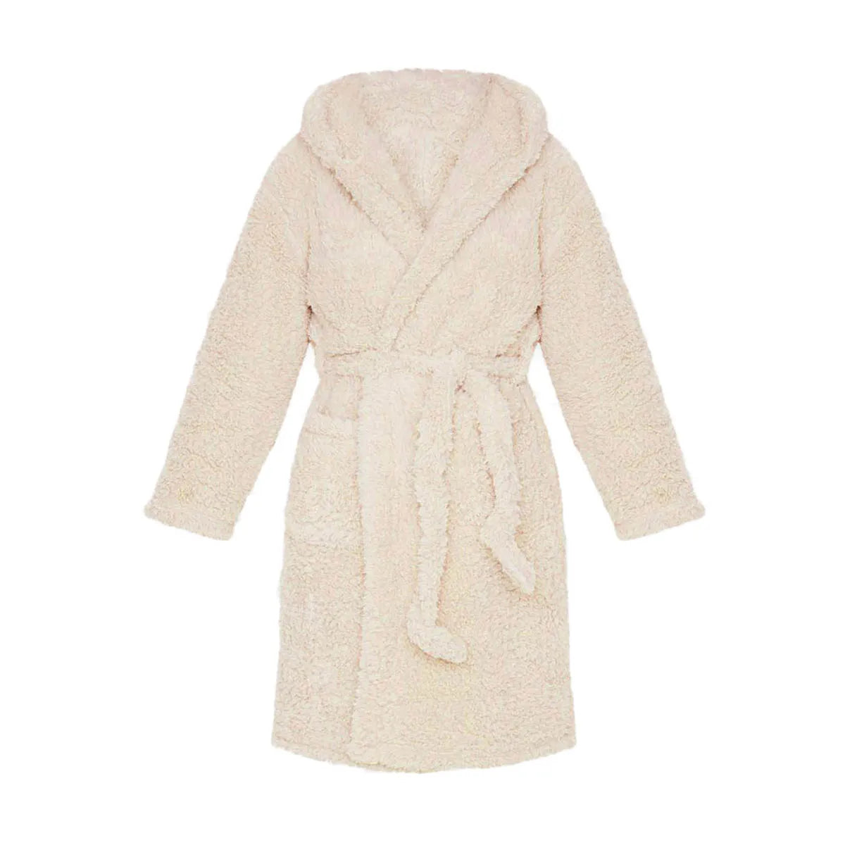Beiger Fleece-Bademantel mit Kapuze und Gürtel, kuschelig und warm, ideal für Damen.