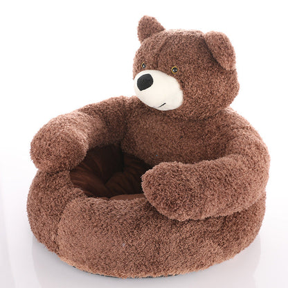 Kuscheliges braunes Bären-Katzenbett, abnehmbar, weiches Plüschmaterial, gemütlich.