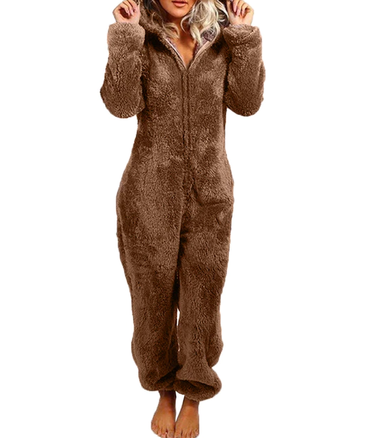 Brauner Damen-Fleece-Overall, kuschelig, Reißverschluss, gemütlich, Wintermode.