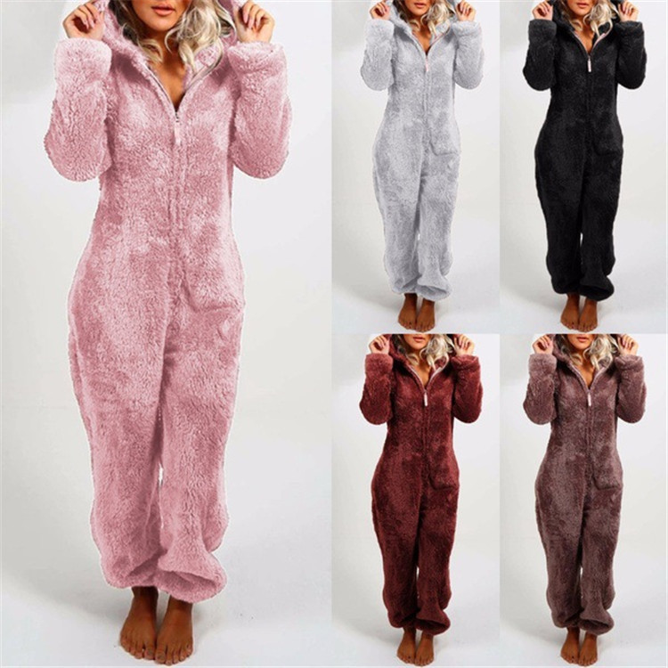 Damen Fleece Jumpsuit, Kapuze, Reißverschluss, Rosa, Grau, Schwarz, Braun, Gemütlicher Einteiler.