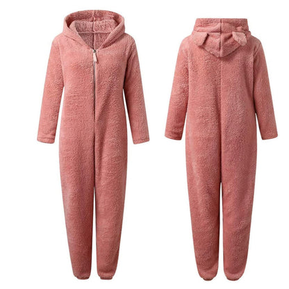 Rosa Fleece-Overall mit Kapuze, gemütlicher Einteiler, Damenmode, Winterbekleidung.