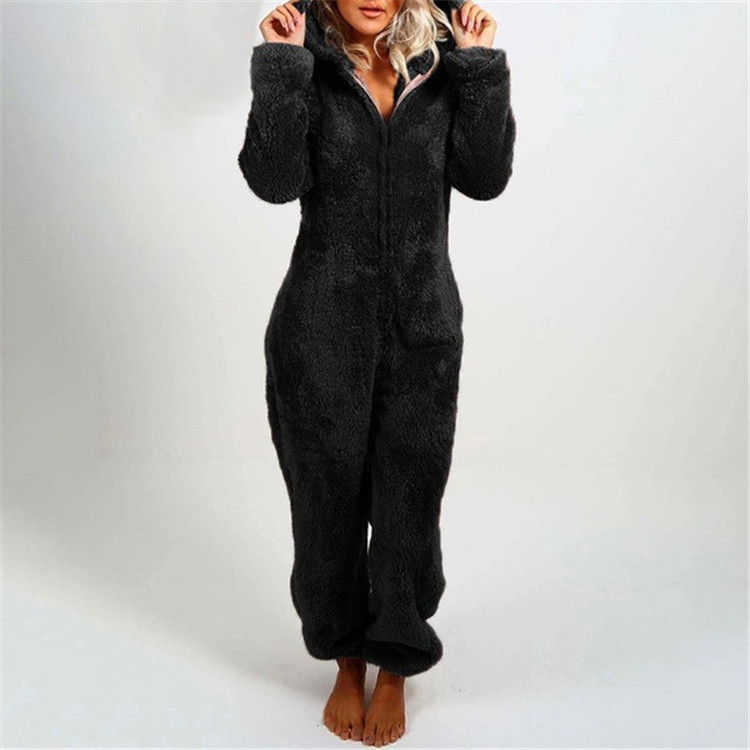 Damen Fleece Jumpsuit, schwarz, Kapuze, gemütlich, warm, Freizeitkleidung, Wintermode.
