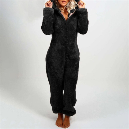 Damen Fleece Jumpsuit, schwarz, Kapuze, gemütlich, warm, Freizeitkleidung, Wintermode.